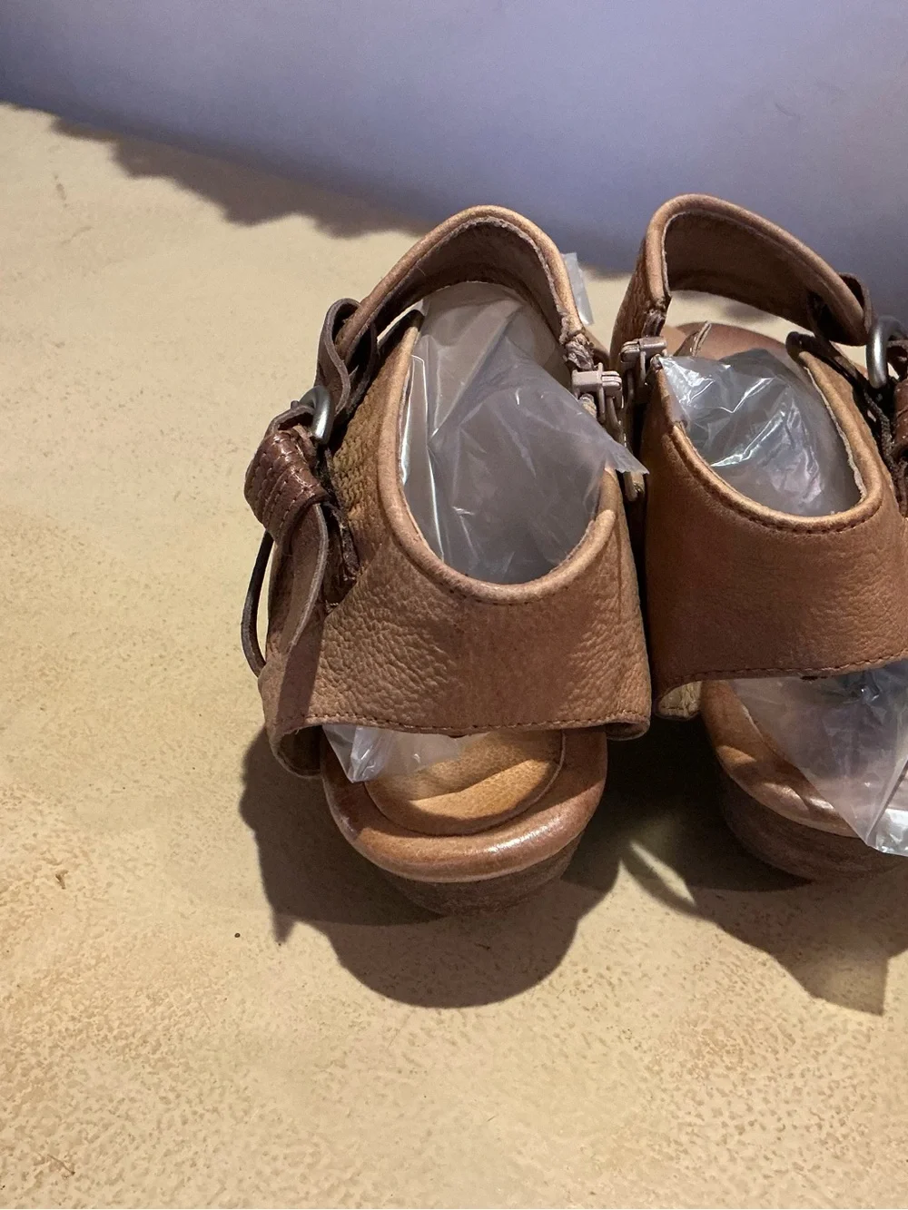 Miz Mooz Tan Woven Leather Ankle Strap Sandals